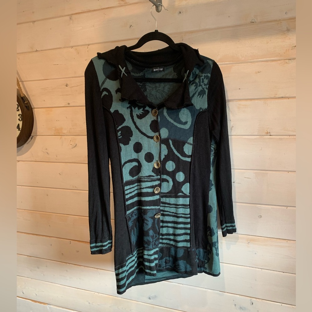 Onyx | Teal & Black Knit Abstract Long Button Down Cardigan